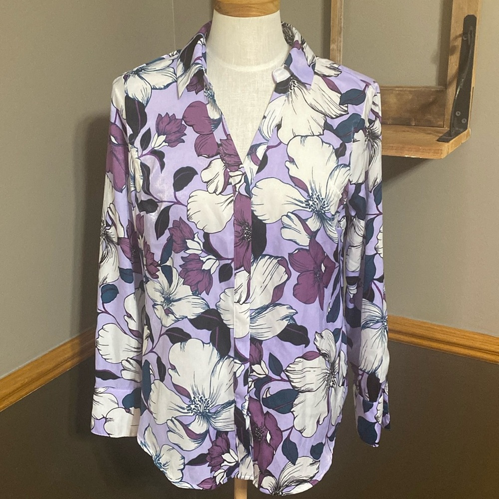Worthington purple, teal, & white floral button down long sleeve top size M